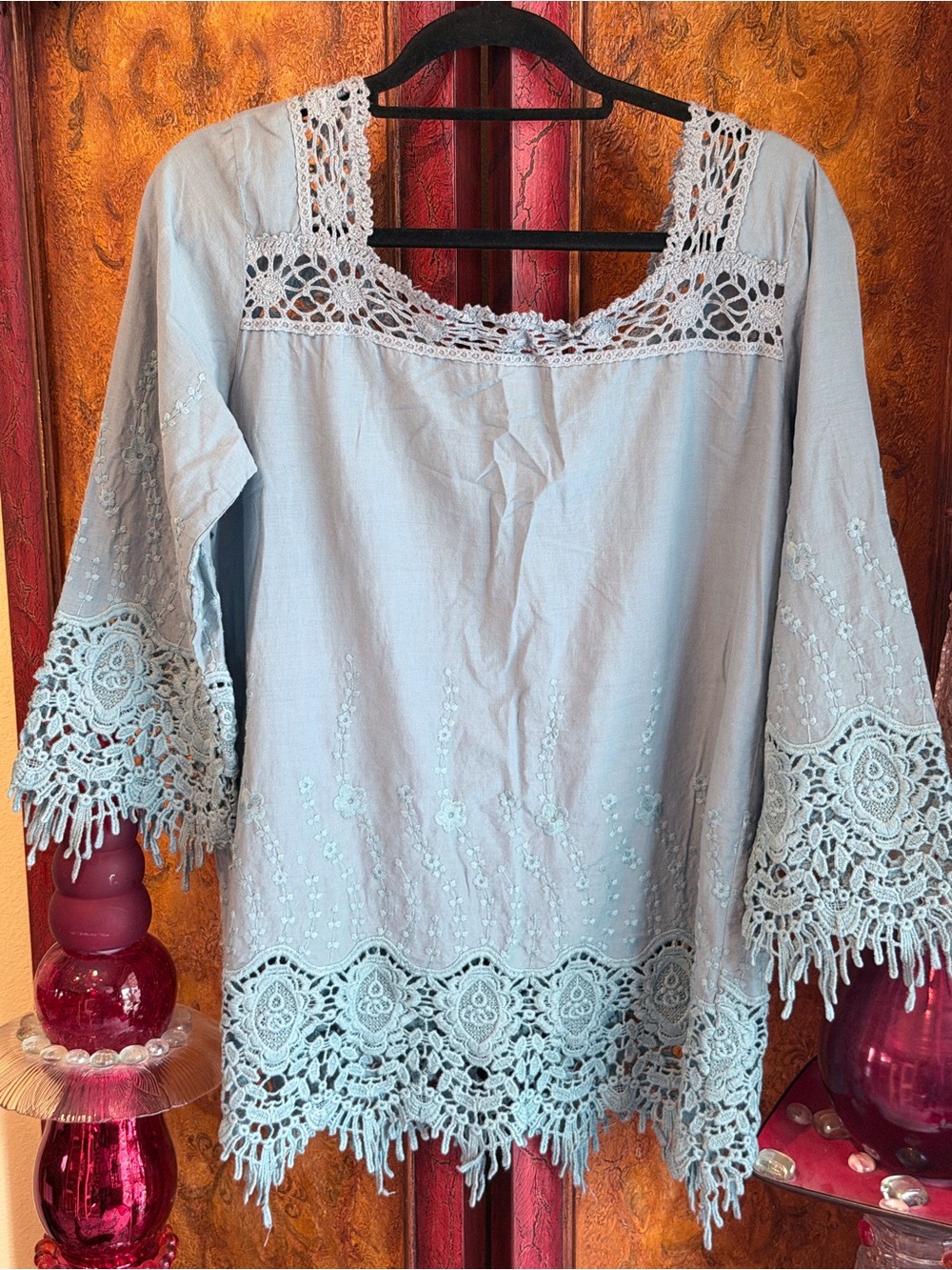 Sundance Light Blue Crochet Trim Boho Blouse